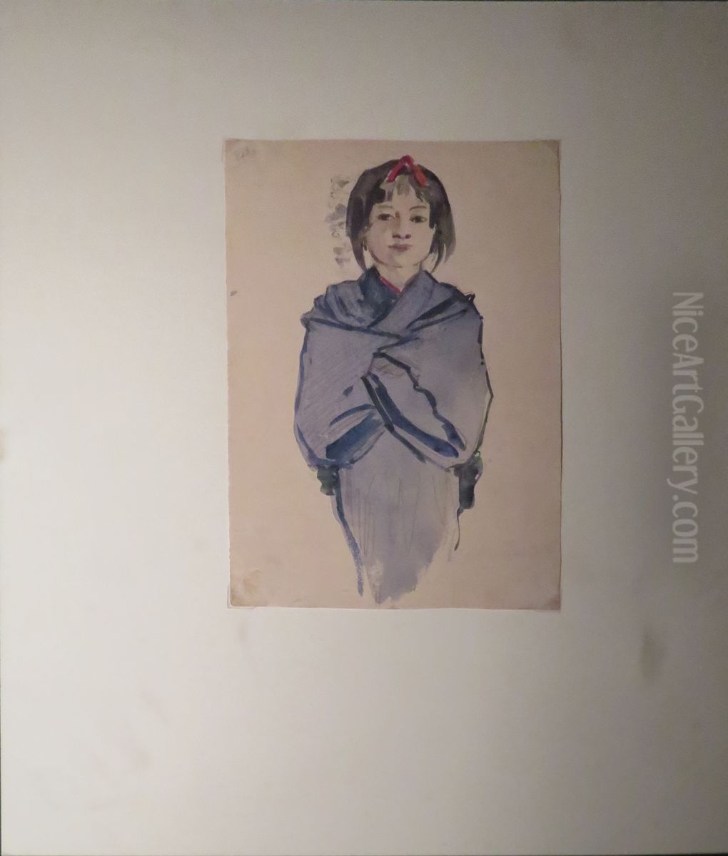 Jeune fille d'Ise au kimono bleu Oil Painting by Felix Elie Regamey