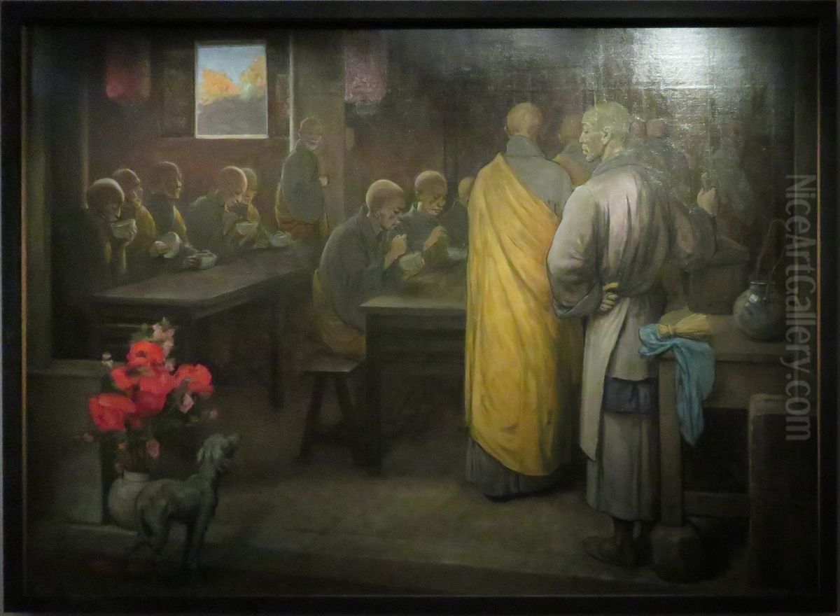 Bonzes dans un refectoire a Canton Oil Painting by Felix Elie Regamey