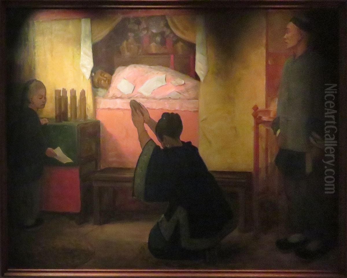 Le Bouddha malade dans le temple Guangxiosi a Canton Oil Painting by Felix Elie Regamey