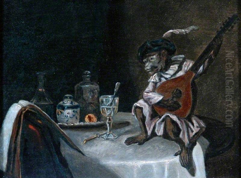 A Monkey Playing a Lute Oil Painting by Alexandre-Gabriel Decamps