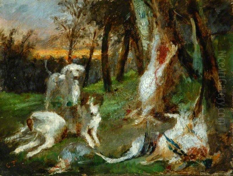 Wooded Landscape with Dogs and Dead Game Oil Painting by Constant Troyon