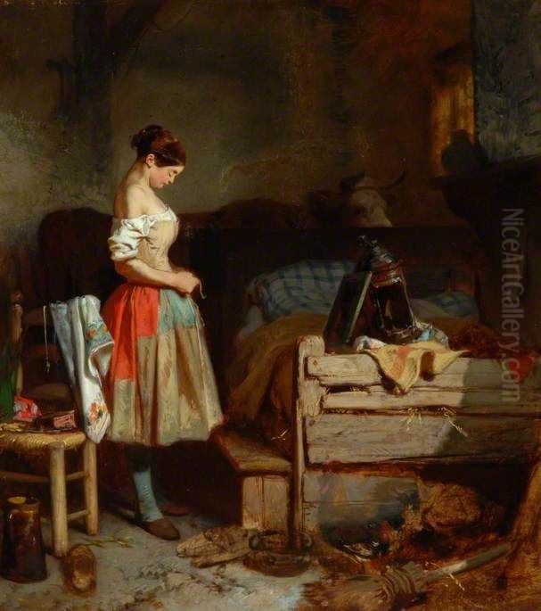 Farm Girl at Her Toilet, Lacing Her Corset Oil Painting by Eugene Le Poittevin