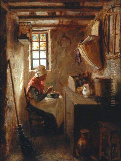 Interior with an Old Woman Eating Soup Oil Painting by Jules Jacques Veyrassat