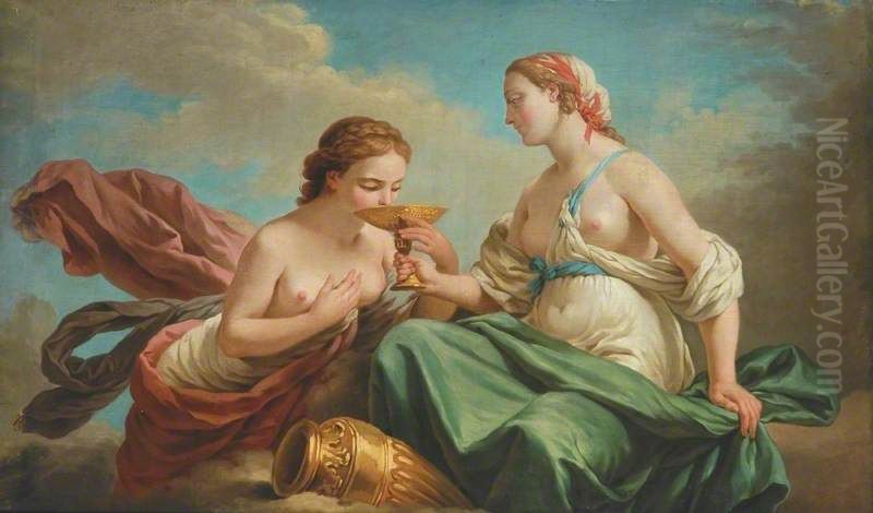 Two Nymphs, Allegory of the Five Senses (dessus de porte) Oil Painting by Louis-Jean-Francois Lagrenee