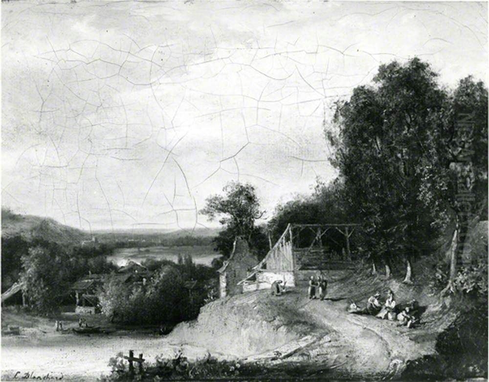 Woody Landscape with Buildings and Figures above a River Oil Painting by Edouard-Theophile Blanchard