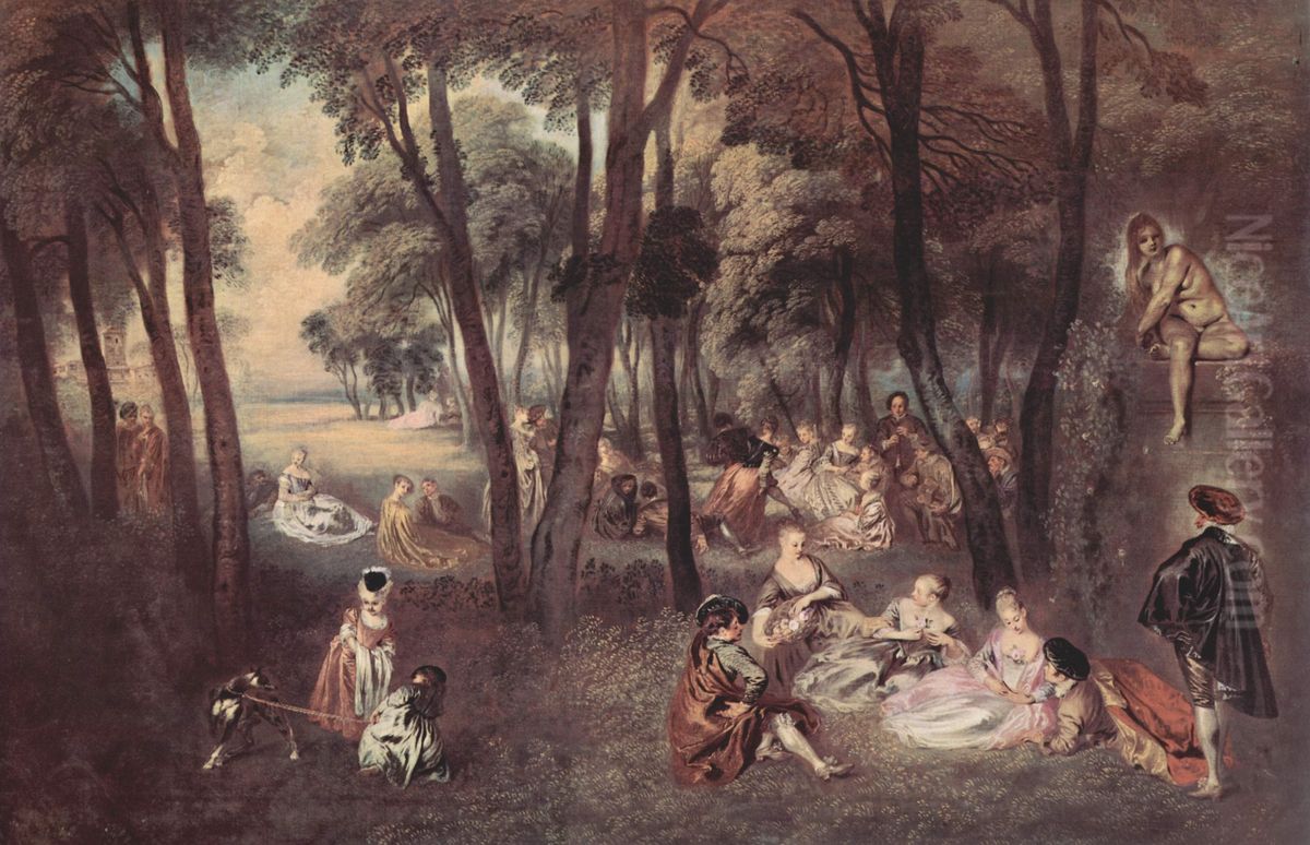 Fete galante in a Wooded Landscape Oil Painting by Jean-Antoine Watteau