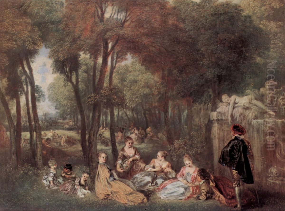 Elegant company in a parc Oil Painting by Jean-Antoine Watteau