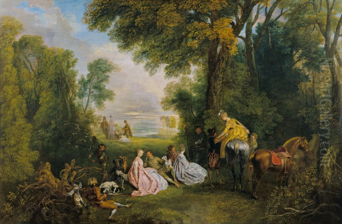 Treffen zur Jagd Oil Painting by Jean-Antoine Watteau