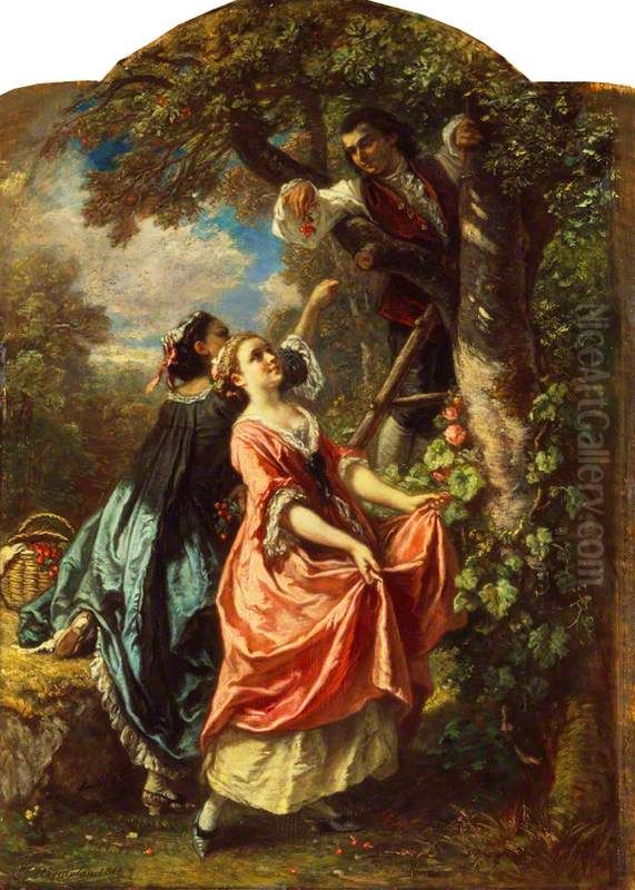 Rousseau and Mlle. Galley Gathering Cherries Oil Painting by Camille Roqueplan