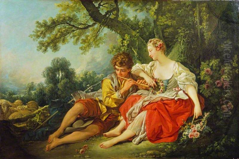 Shepherd Piping to a Shepherdess Oil Painting by Francois Boucher