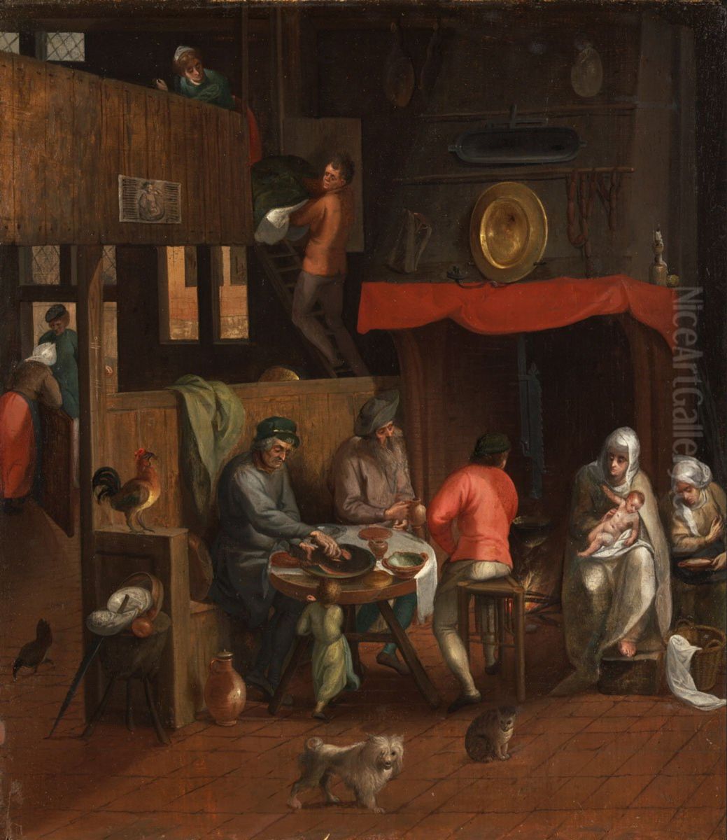 Scene in a Brothel with the Holy Family on the Flight into Egypt Oil Painting by Gillis Mostaert
