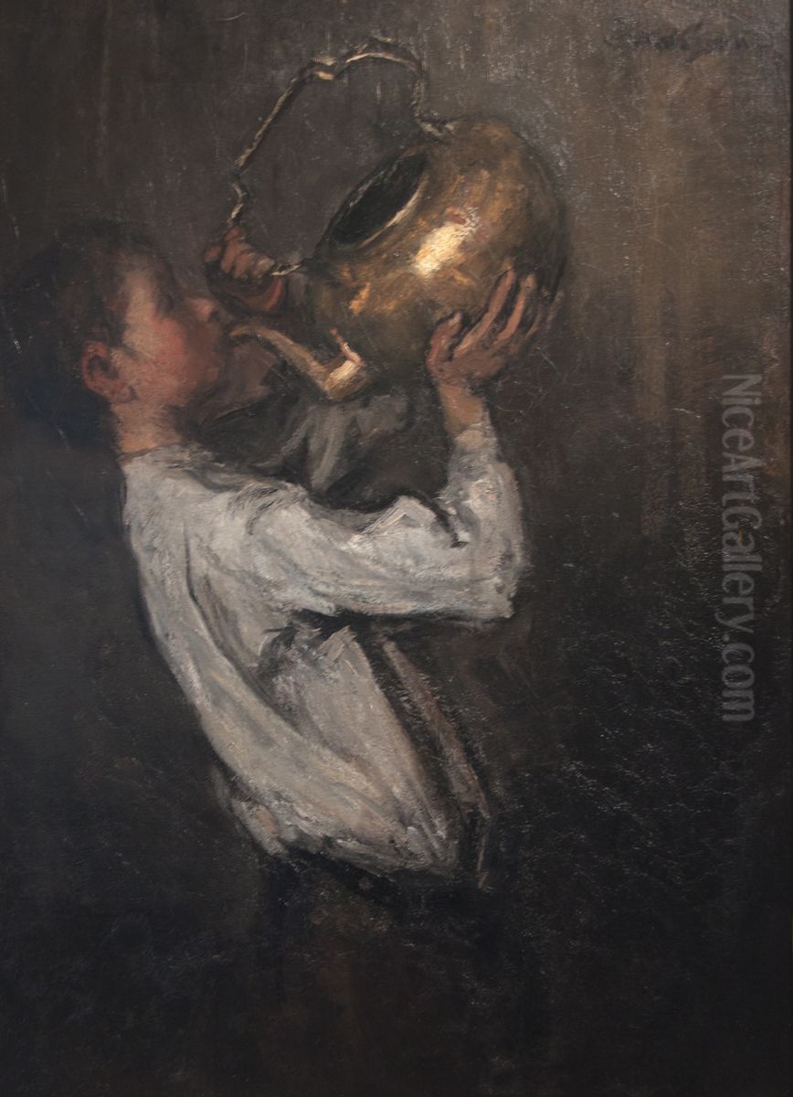 Knaap die drinkt uit waterketel Oil Painting by Jakob Smits