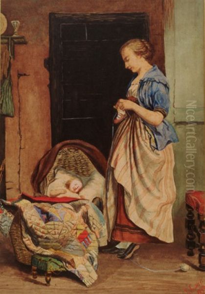 Vrouw bij de wieg Oil Painting by Jakob Smits