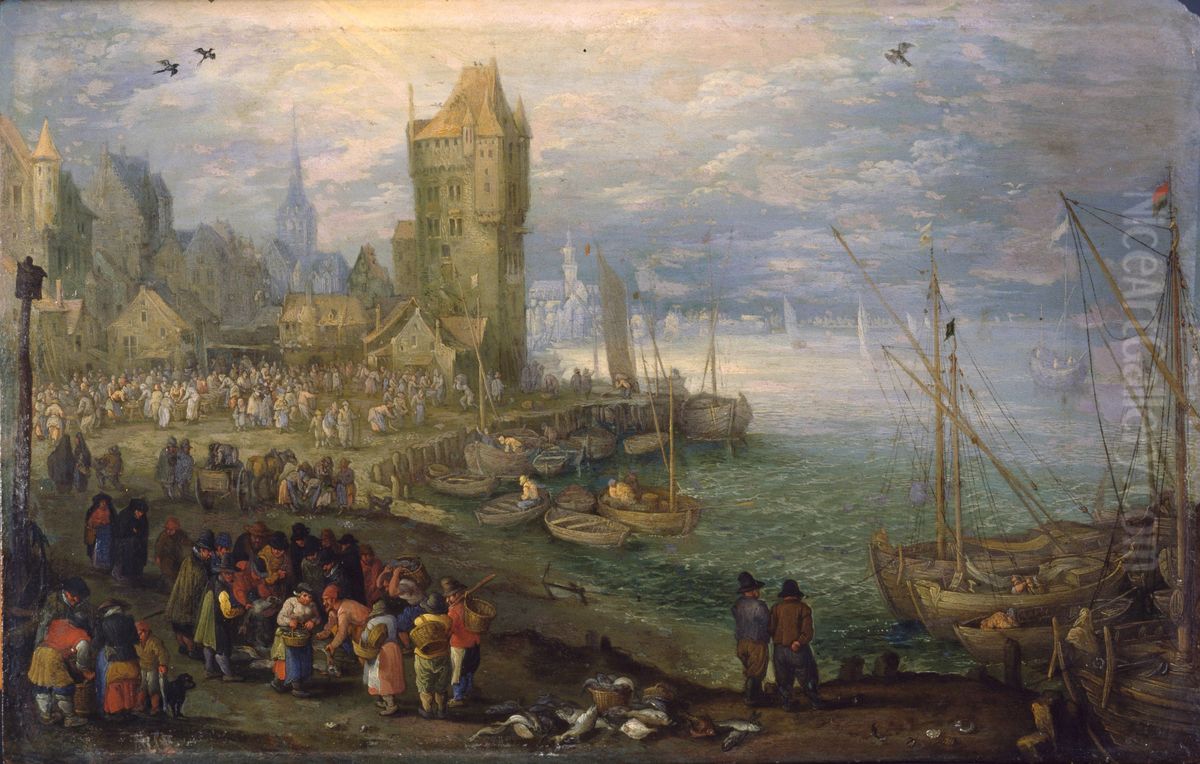 Fish market near a harbor Oil Painting by Jan Brughel
