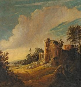 Landscape with a ruin, a shepherd and sheep