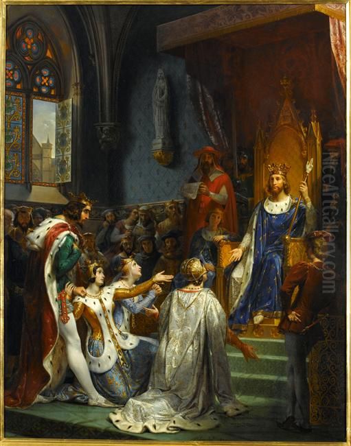 Le roi Jean II le Bon recoit au Louvre la soumission de Charles II le Mauvais, roi de Navarre, 1354 Oil Painting by Merry-Joseph Blondel