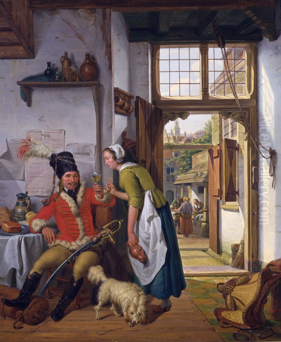 A soldier and a waitress in a tavern Oil Painting by Abraham van Strij