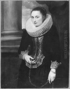 Portrait of a woman wearing a big ruff and standing with a gold chain in her hand