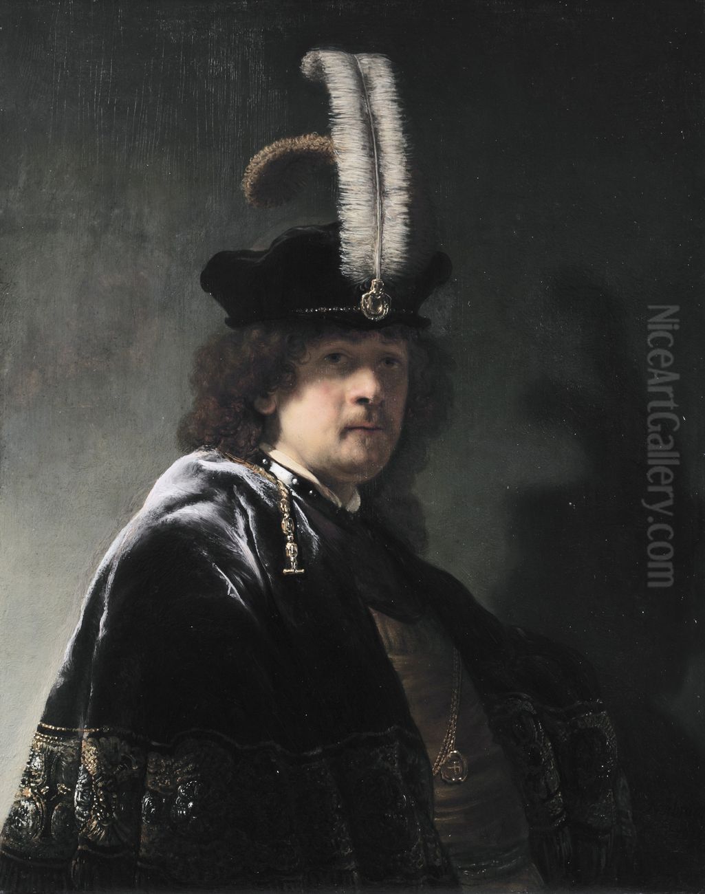 Self portrait wearing a white feathered bonnet Oil Painting by Rembrandt