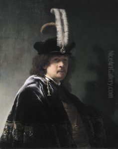 Self portrait wearing a white feathered bonnet