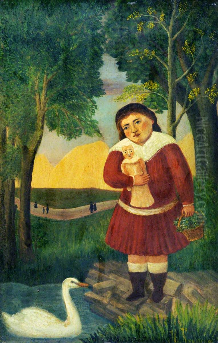 Child with a Doll in a Landscape Oil Painting by Henri Julien Rousseau