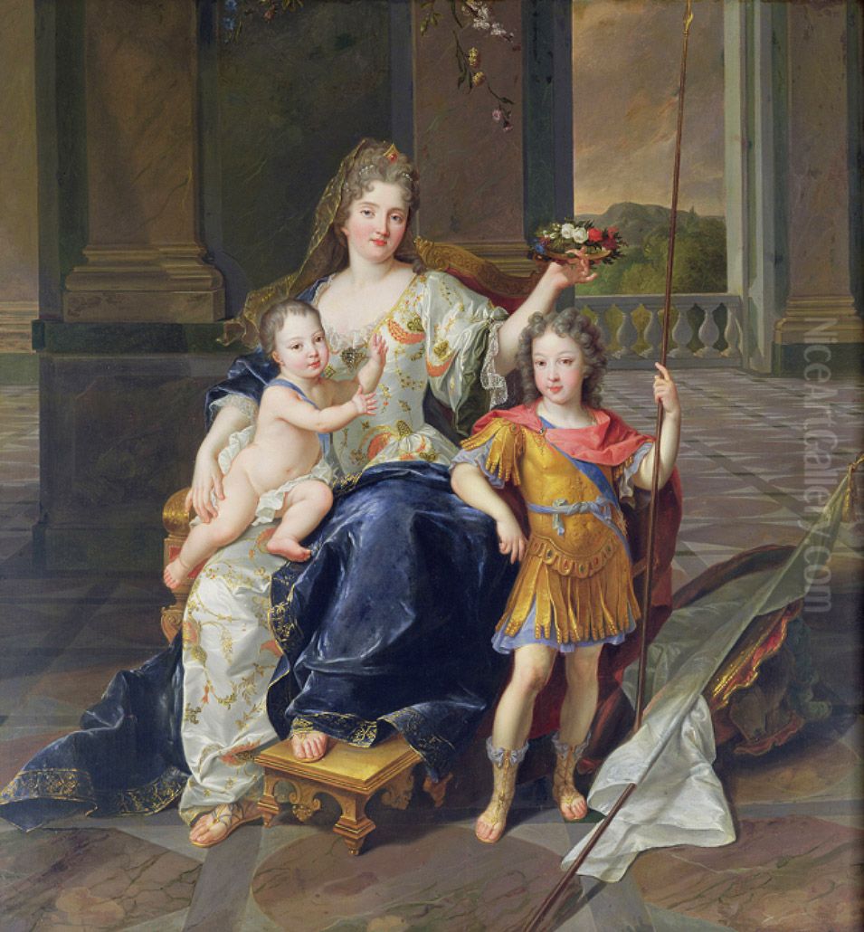 Portrait of theDuchess of La Ferte-Senneterre(1654-1726) with the futureLouis XVon her lap (then styled the Duke of Anjou) and theDuke of Brittanystanding next to her. Oil Painting by Francois de Troy