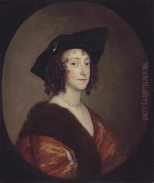 Portrait of Katherine, Lady Stanhope, later Countess of Chesterfield, half-length, in a black hat and a russet dress with a fur stole Oil Painting by Sir Anthony Van Dyck