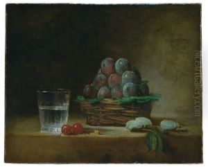 Panier de prunes, verre d'eau, cerises