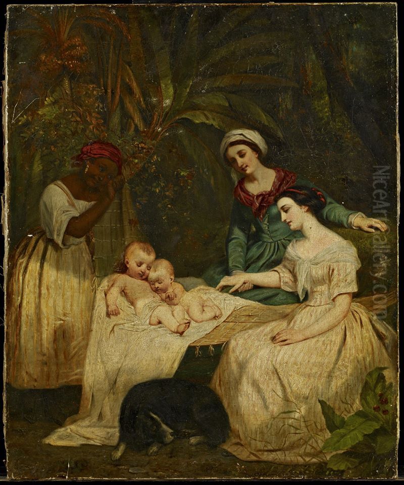 Les meres de Paul et Virginie devant le berceau Oil Painting by Adele Ferrand