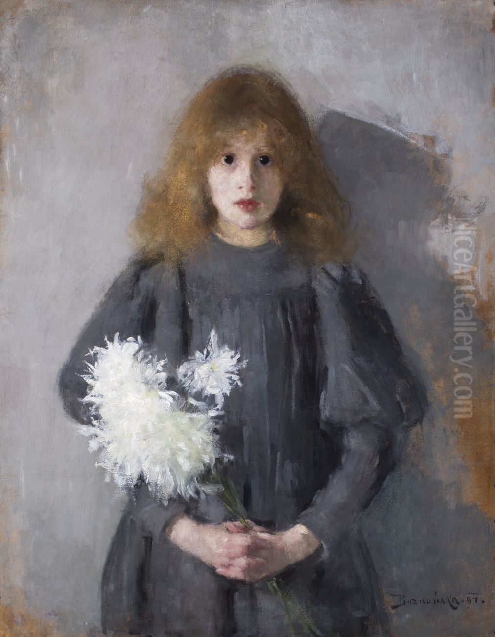 Dziewczynka z chryzantemami Oil Painting by Olga Boznanska