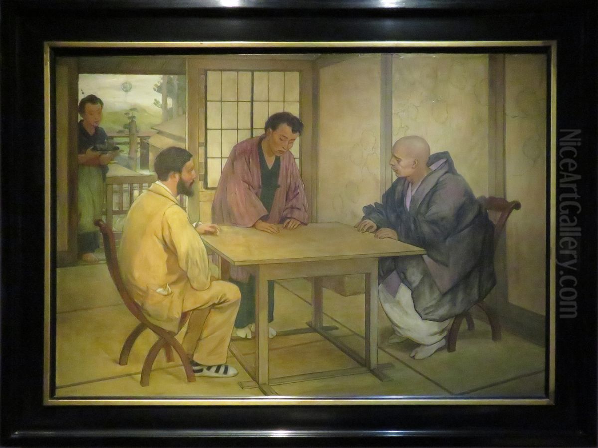 Emile Guimet avec le grand pretre du temple de Nikko et l'interprete Kondo Oil Painting by Felix Elie Regamey