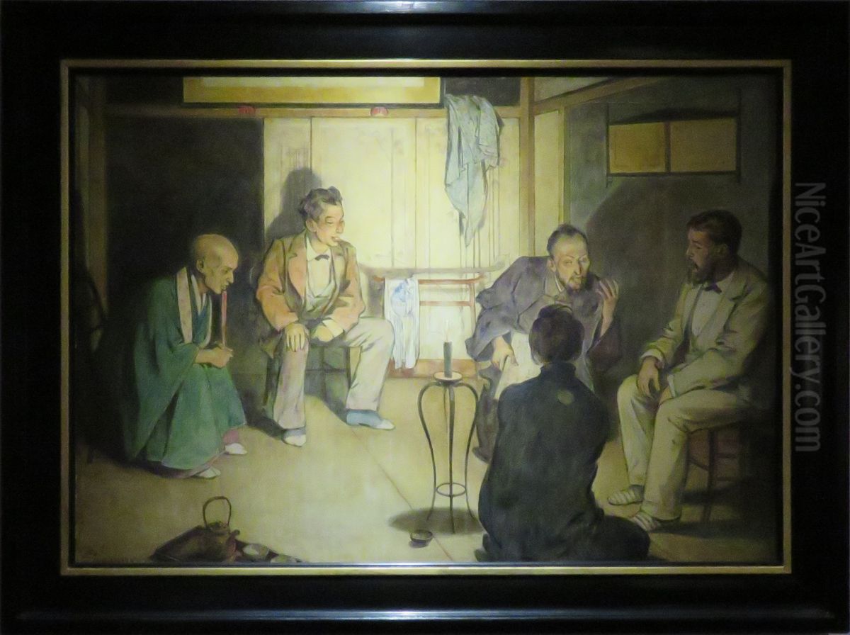Discussion entre un pretre shintoiste et un pretre de la secte Tendai pour faire valoir les beautes de leurs croyances Oil Painting by Felix Elie Regamey