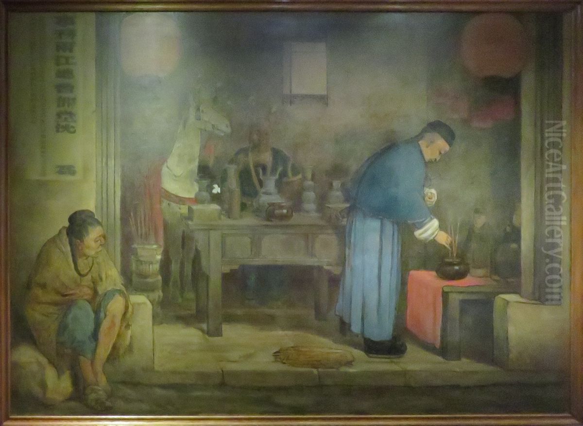 Le cheval du dieu de la cite dans le temple des Cinq Genies a Canton Oil Painting by Felix Elie Regamey