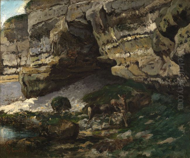 Felsige Landschaft mit Rehen Oil Painting by Gustave Courbet