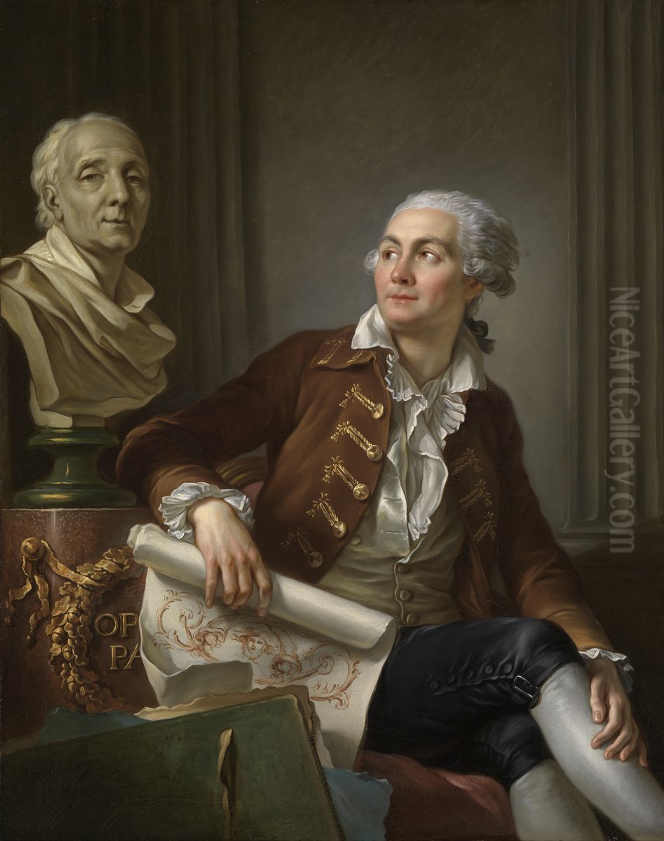 Portrait of man with bust of Denis Diderot Oil Painting by Jean-Simon Berthelemy