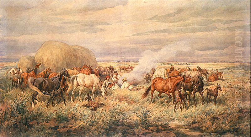 Stud in Podolia Oil Painting by Juliusz Kossak
