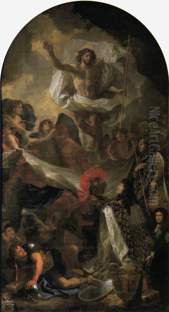 Louis XIV. presenting his sceptre and helmet to Jesus Christ Oil Painting by Charles Le Brun