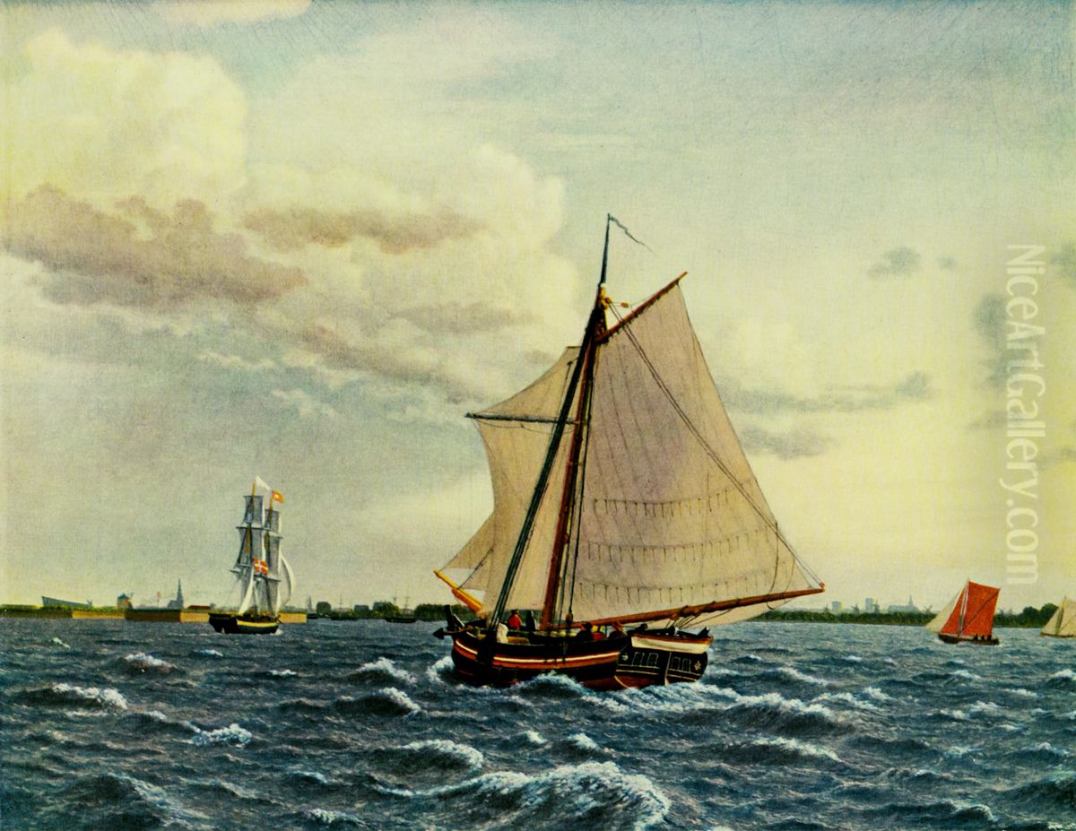 A yacht at the roads of Copenhagen Oil Painting by Christoffer Wilhelm Eckersberg