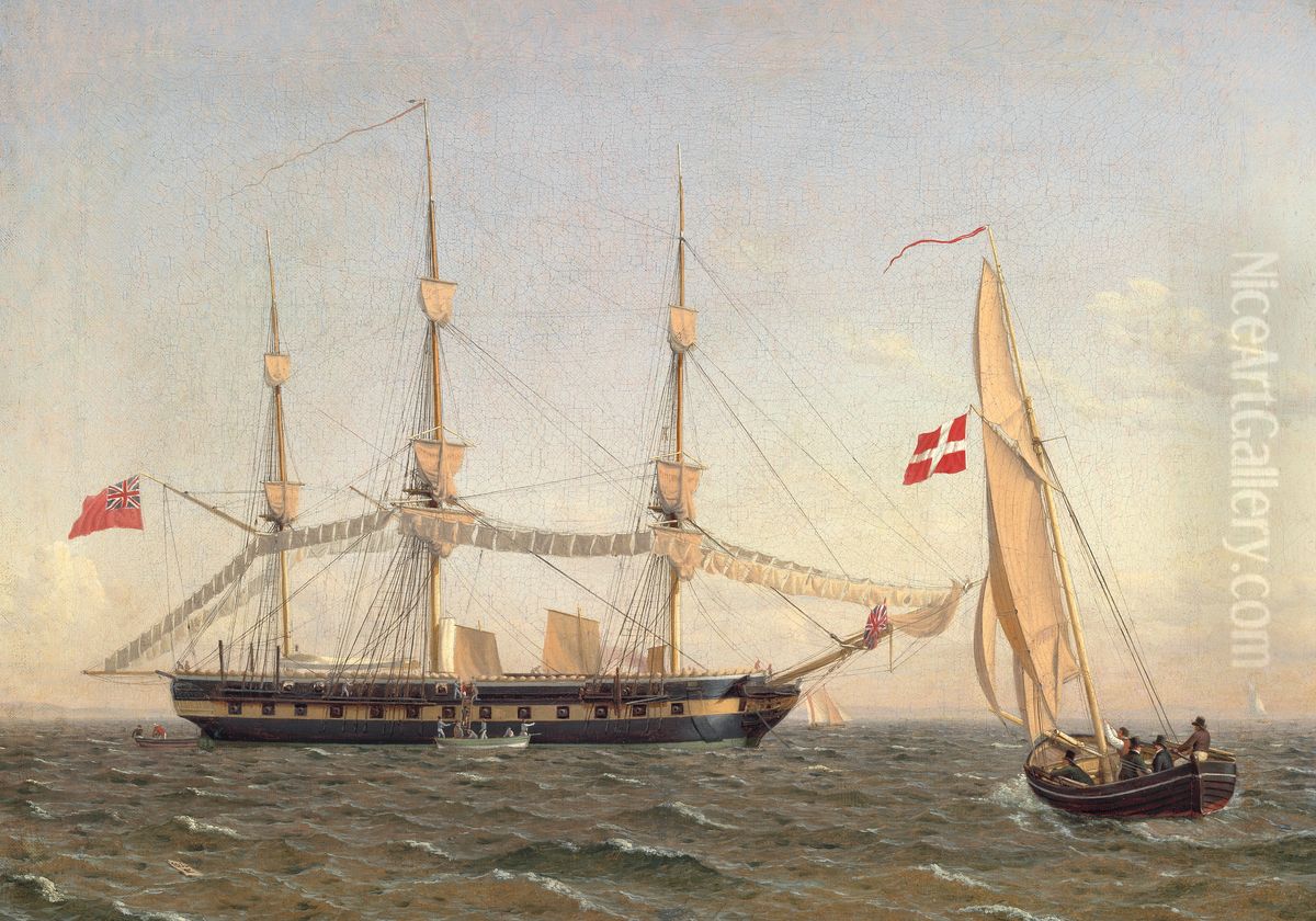 En engelsk fregat til ankers, som torrer sejl, og en dansk lodsbad Oil Painting by Christoffer Wilhelm Eckersberg