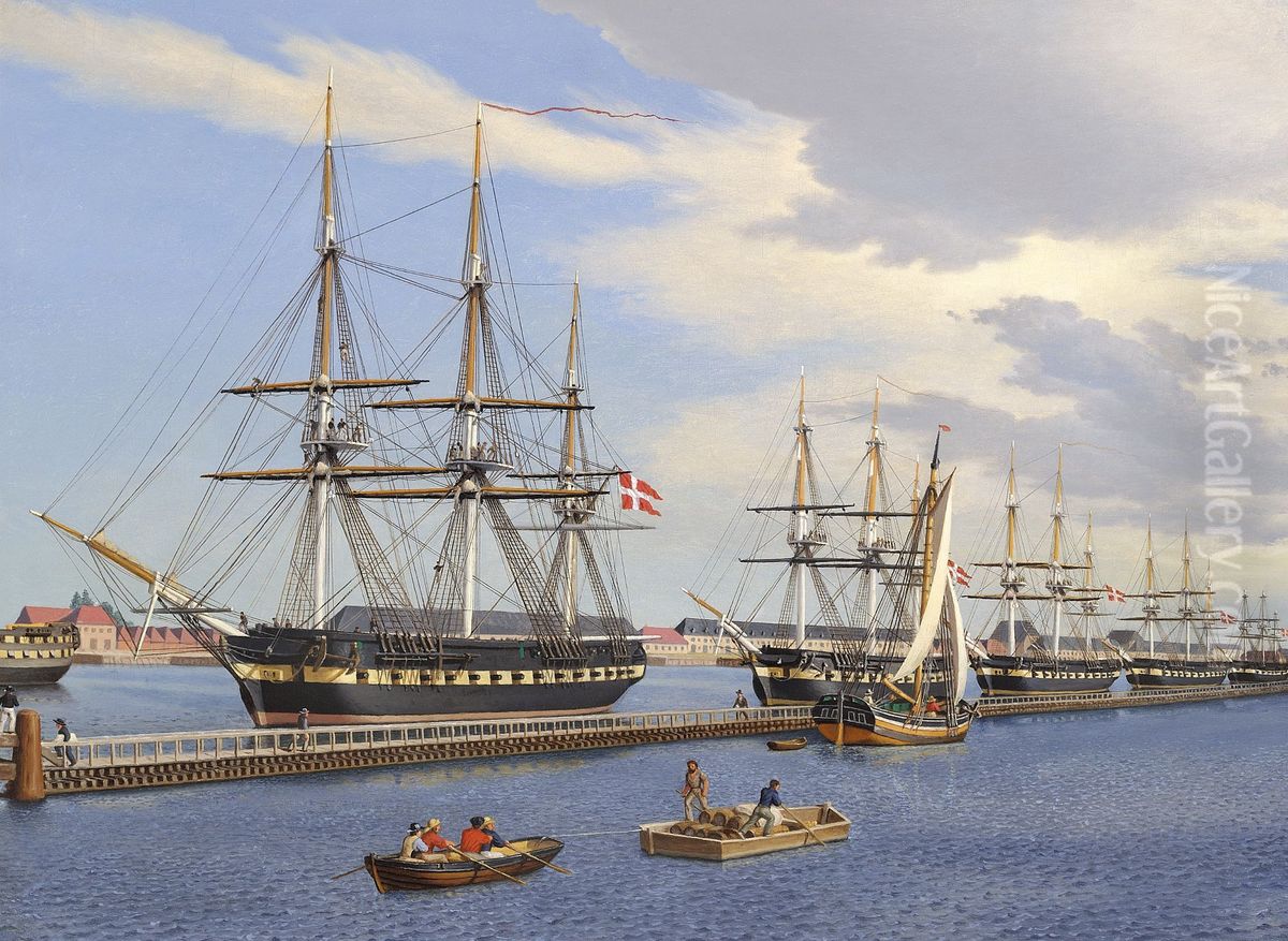 Danske Fregatter under Equipering i Foraaret 1849 - 1850 Oil Painting by Christoffer Wilhelm Eckersberg