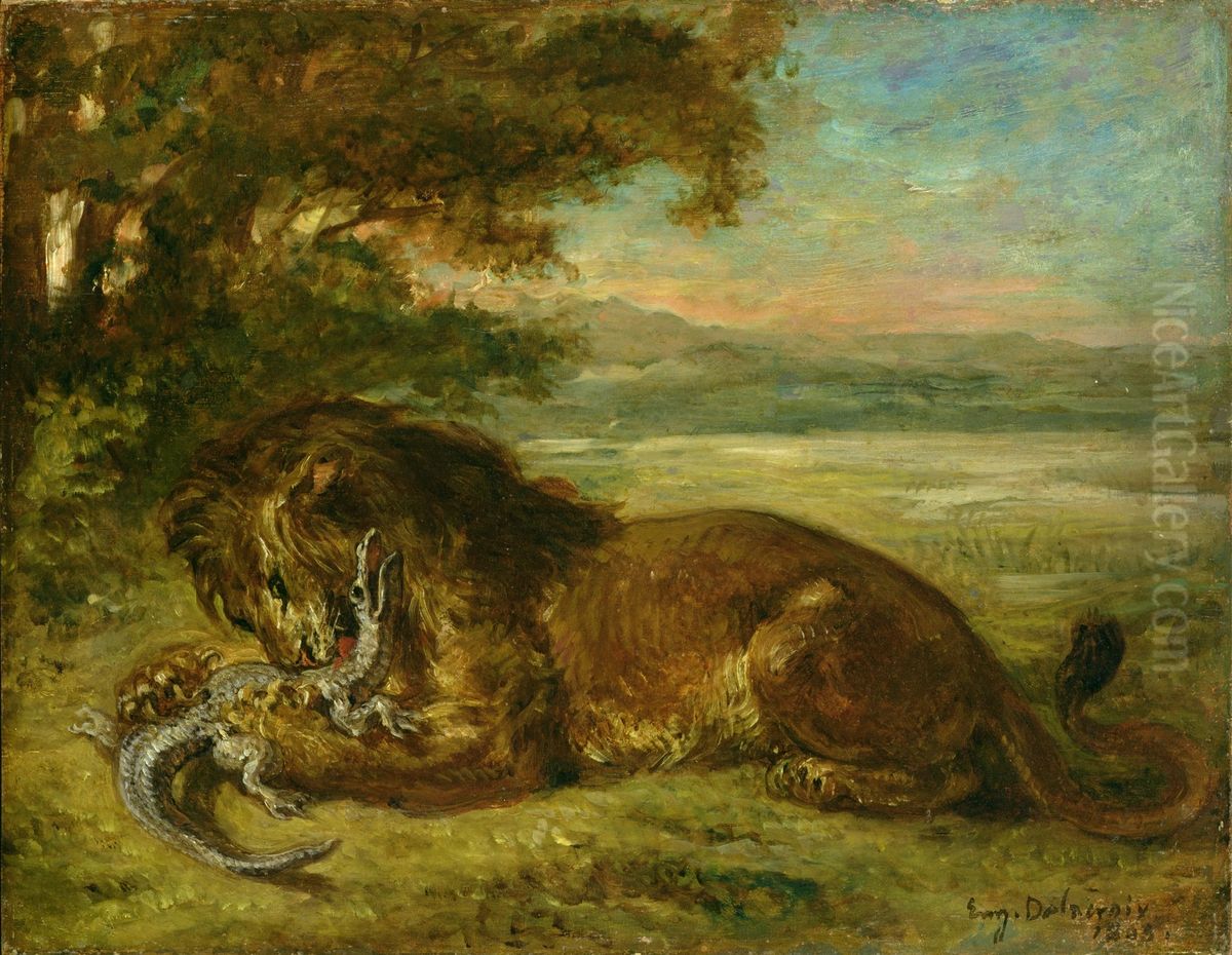 Lion et Alligator Oil Painting by Eugene Delacroix