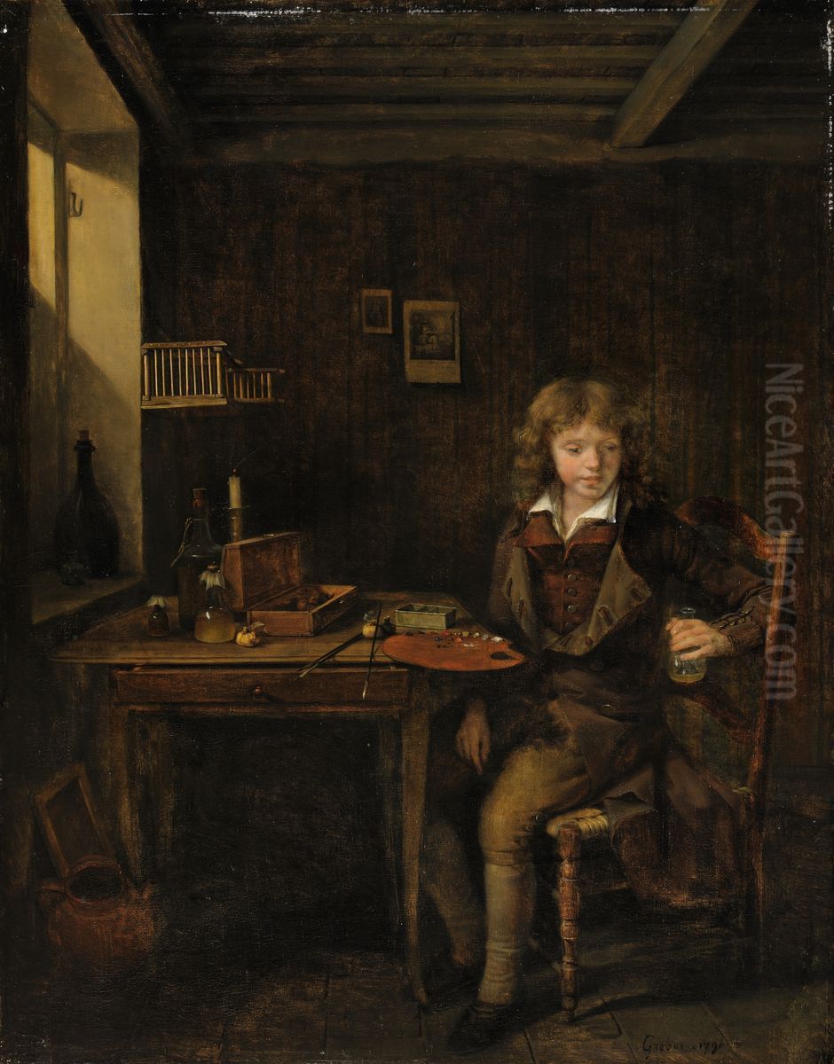 Jeune eleve preparant les couleurs de son maitre Oil Painting by Jean-Michel Grobon