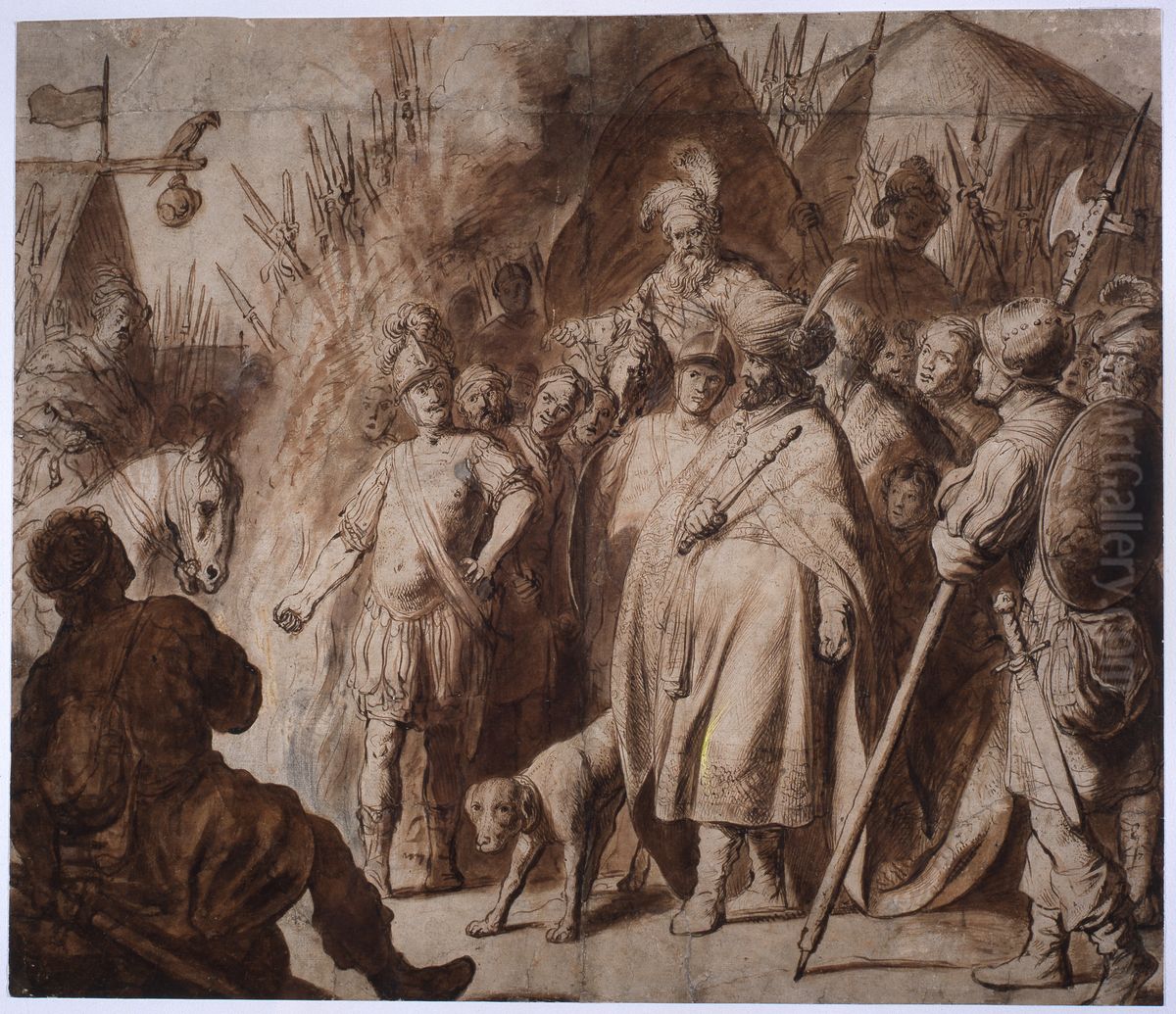 Mucius Scaevola thrusting his hand in the flames while standing before Porsenna Oil Painting by Jan Lievens