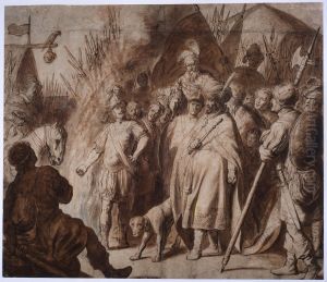 Mucius Scaevola thrusting his hand in the flames while standing before Porsenna