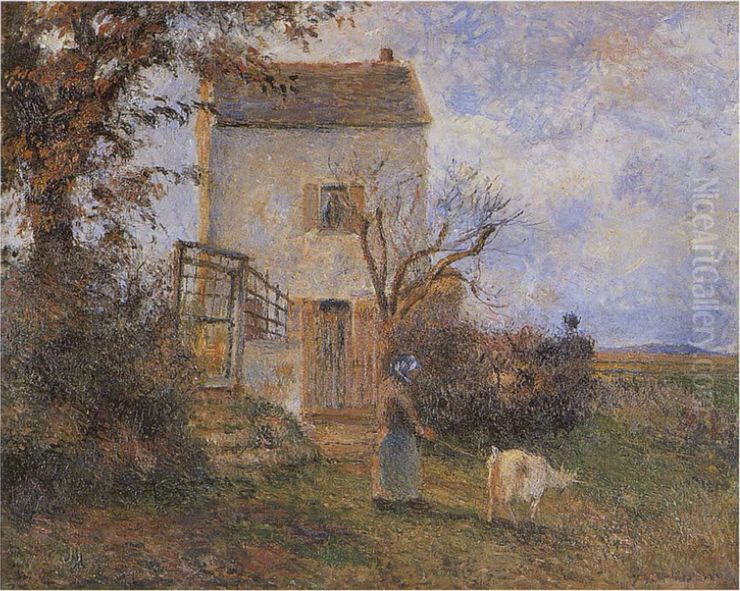 Peasant and Goat in front of a house near Pontoise Oil Painting by Camille Pissarro