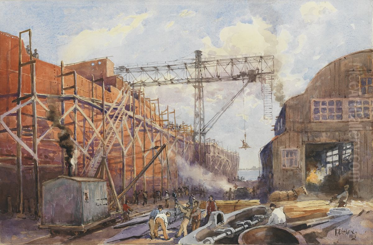 Polson Iron Work Yard, Ship War Hydra on Stocks Oil Painting by Robert Ford Gagen