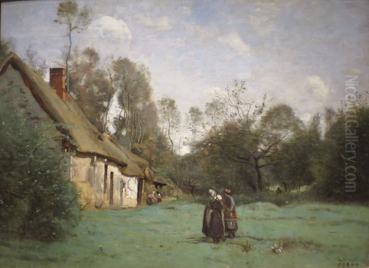 Thatched Cottage in Normandy Oil Painting by Jean-Baptiste Camille Corot