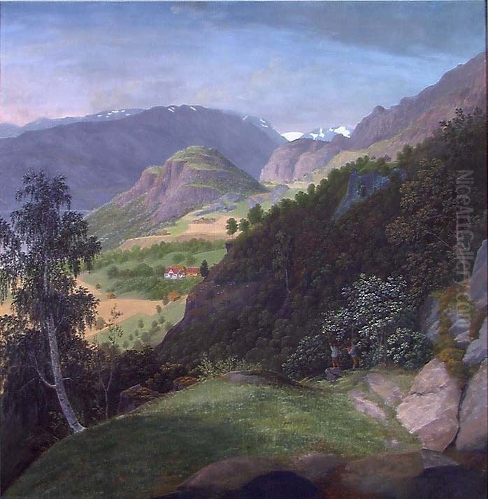 View of Ytre Kroken in Sogn Oil Painting by Johannes Flintoe