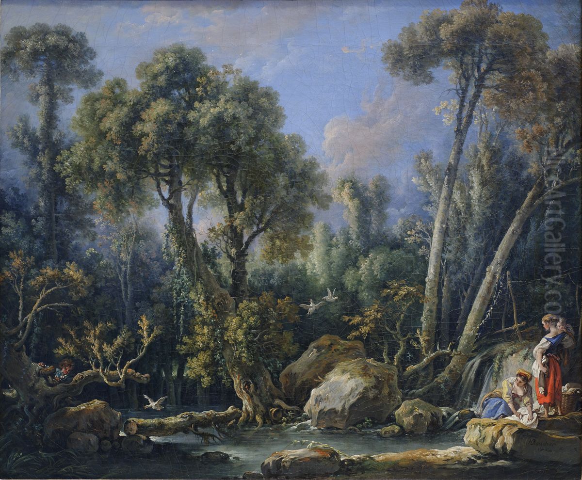 Laundresses in a Landscape Oil Painting by Francois Boucher