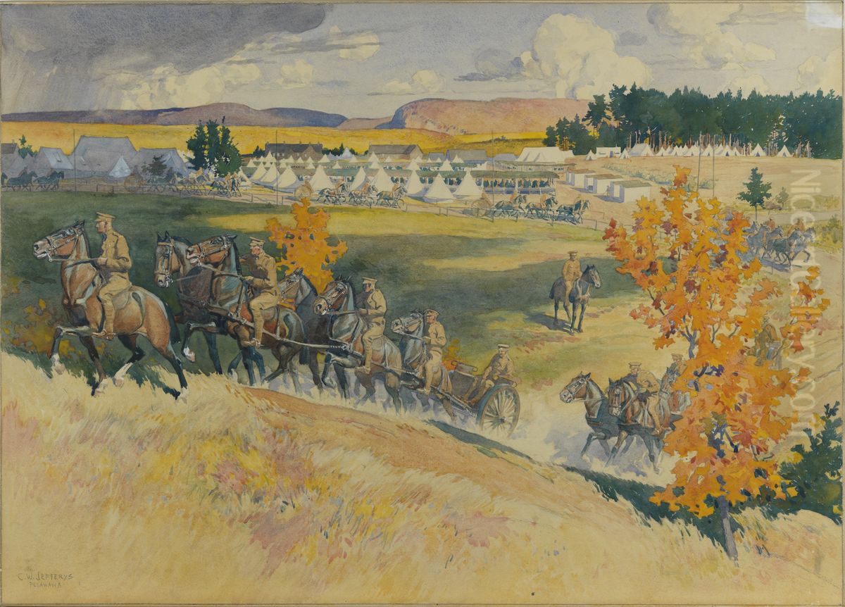 Siberian Battery Exercising with Gun Limbers at Petawawa Camp Oil Painting by Charles William Jefferys